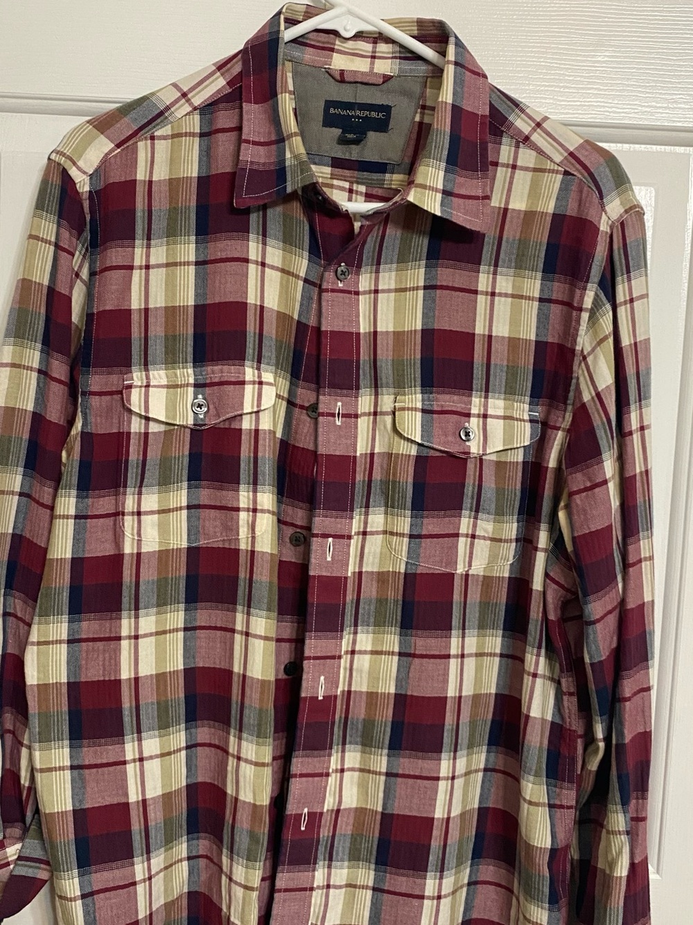 Banana Republic Men's Burgundy, Cream & Navy Plaid Button-Down Shirt